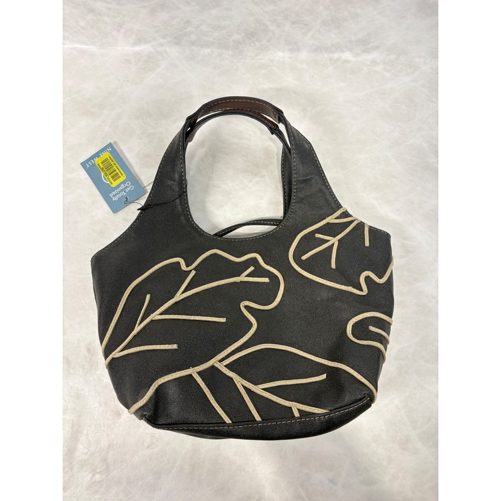 Nine West Black Embroidered Leaf Hobo Bag Handbag with Mirror Accessory